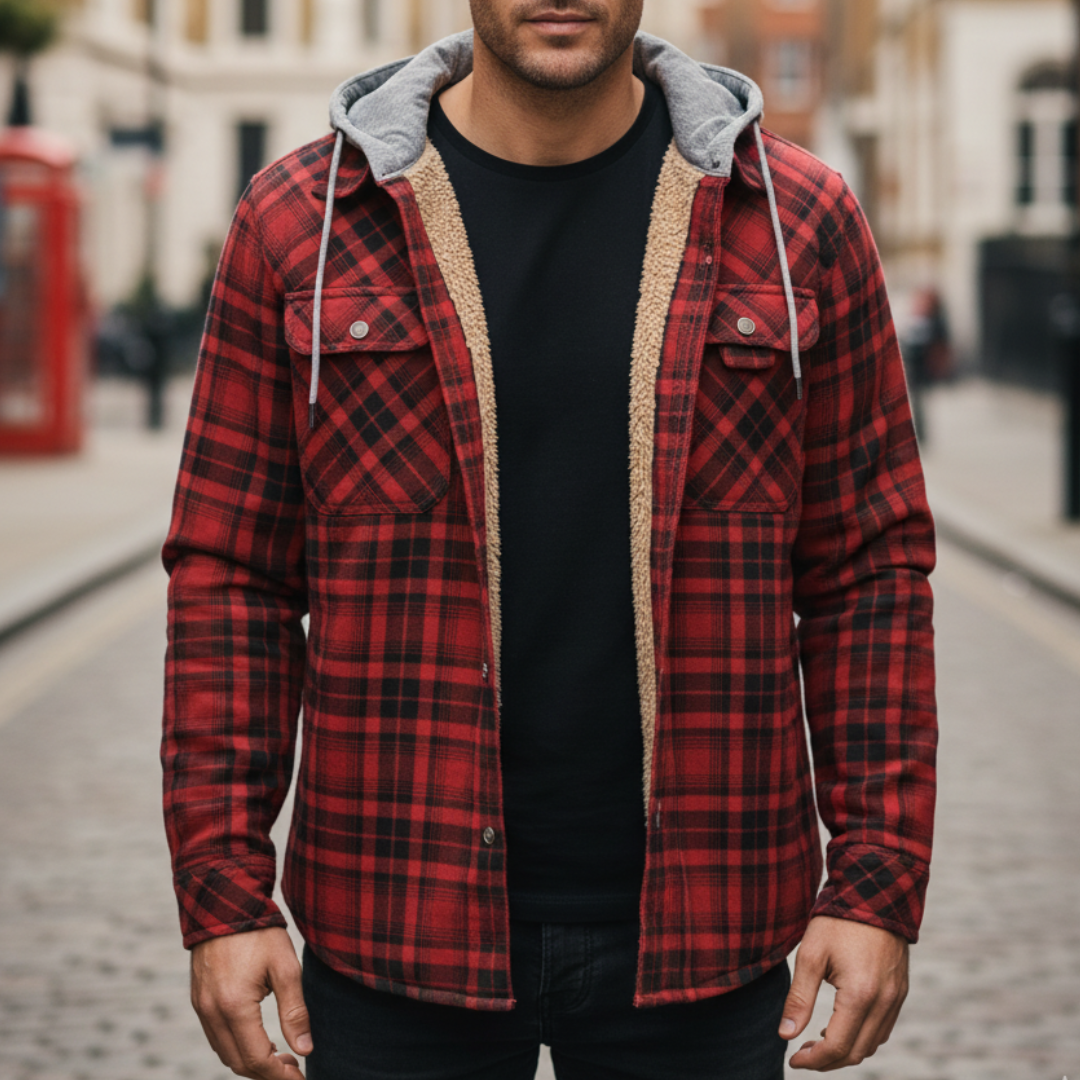 Red men's plaid flannel jacket with a hood, button-front design, and fleece lining, good for fall and winter wear.