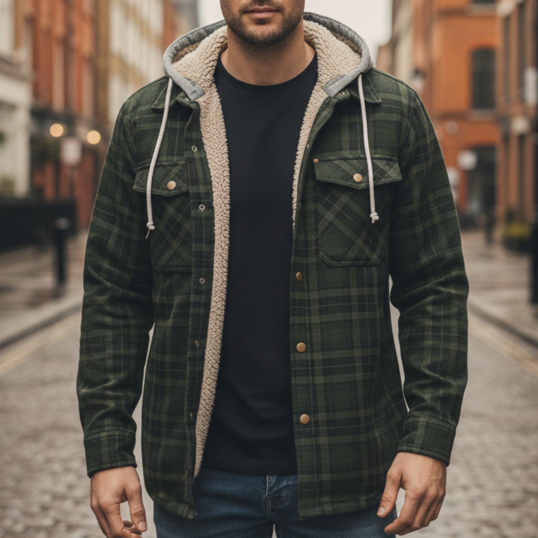 Green men's plaid flannel jacket with a hood, button-front design, and fleece lining, good for fall and winter wear.