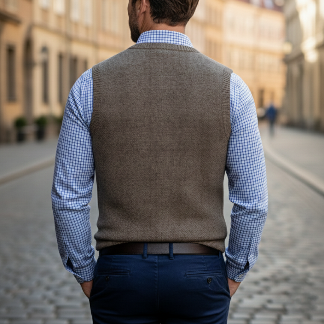  a brown vest over a blue shirt, showcasing a polished and versatile smart-casual look.