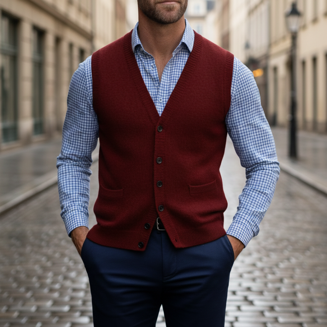 A man wearing a red vest over a blue shirt, showcasing a polished and versatile smart-casual look.