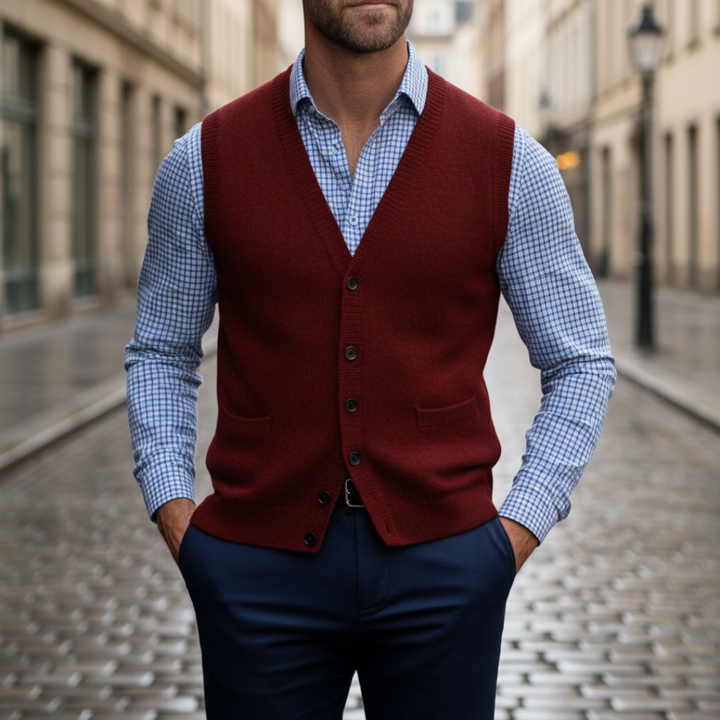 A man wearing a red vest over a blue shirt, showcasing a polished and versatile smart-casual look.