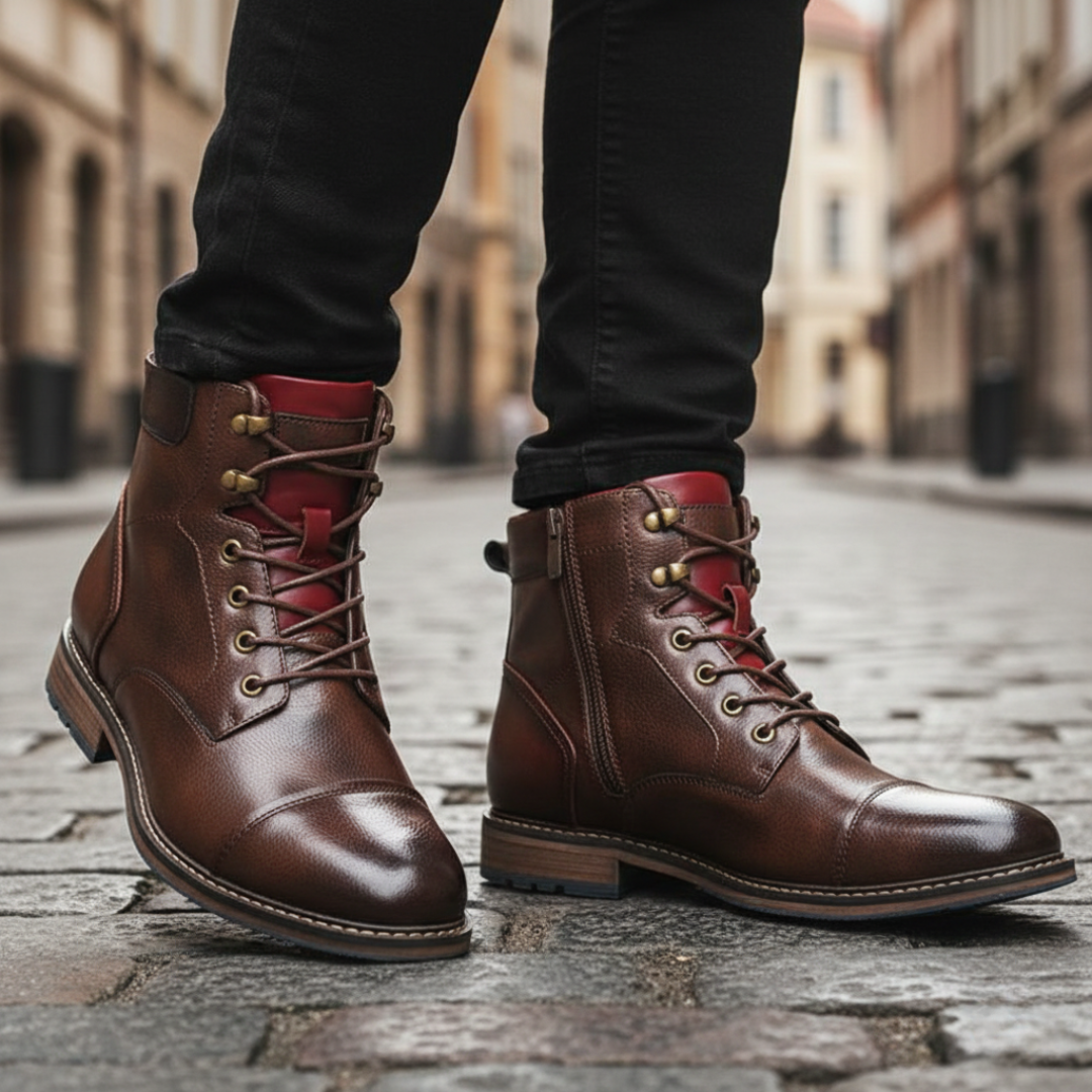Stylish men's leather boots with laces, showcasing a smooth texture in an ankle-height design.