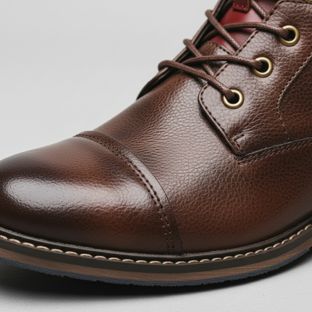 Stylish men's leather boots with laces, showcasing a smooth texture in an ankle-height design.