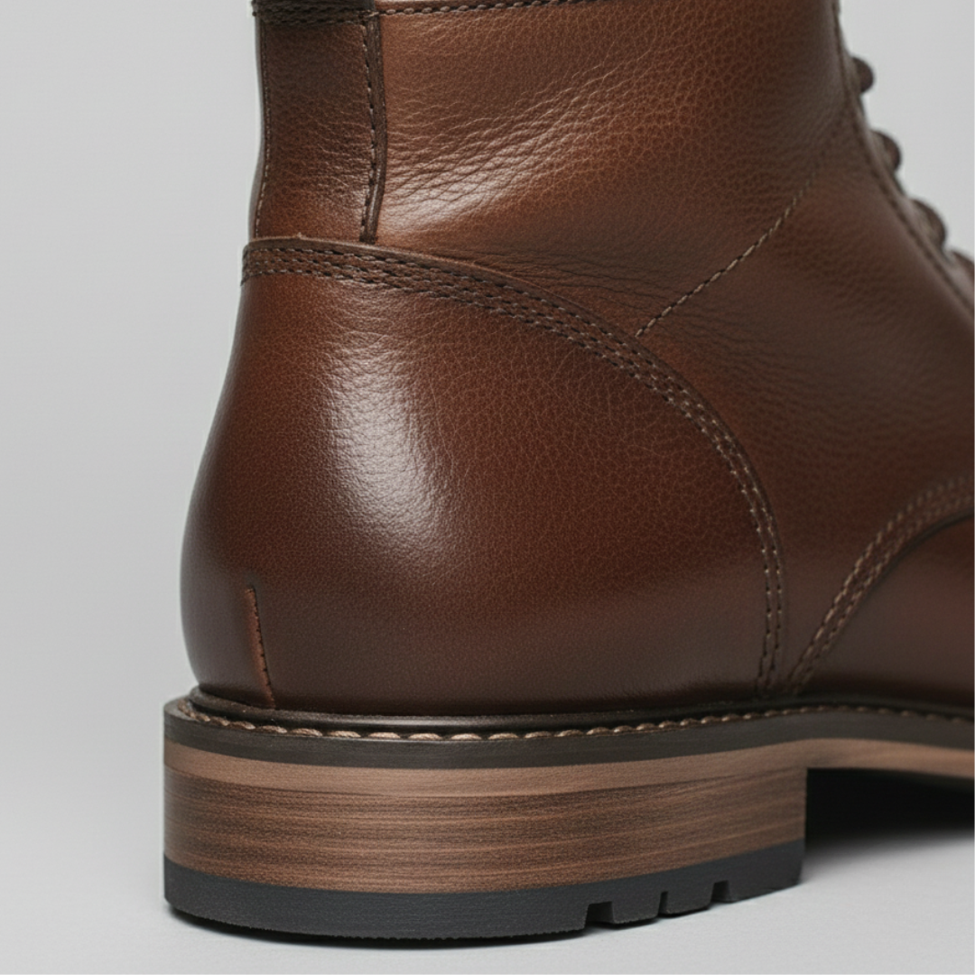 Stylish men's leather boots with laces, showcasing a smooth texture in an ankle-height design.