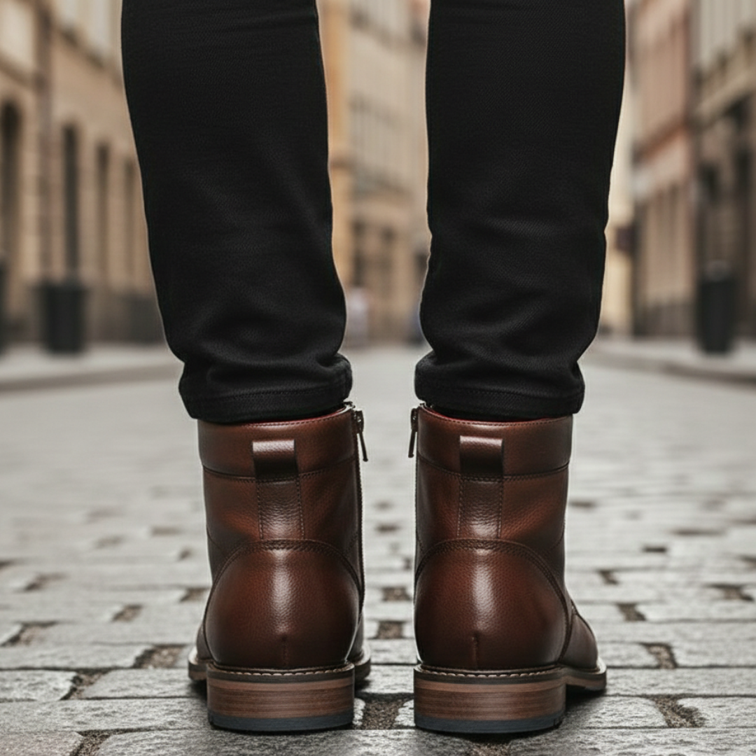 Stylish men's leather boots with laces, showcasing a smooth texture in an ankle-height design.