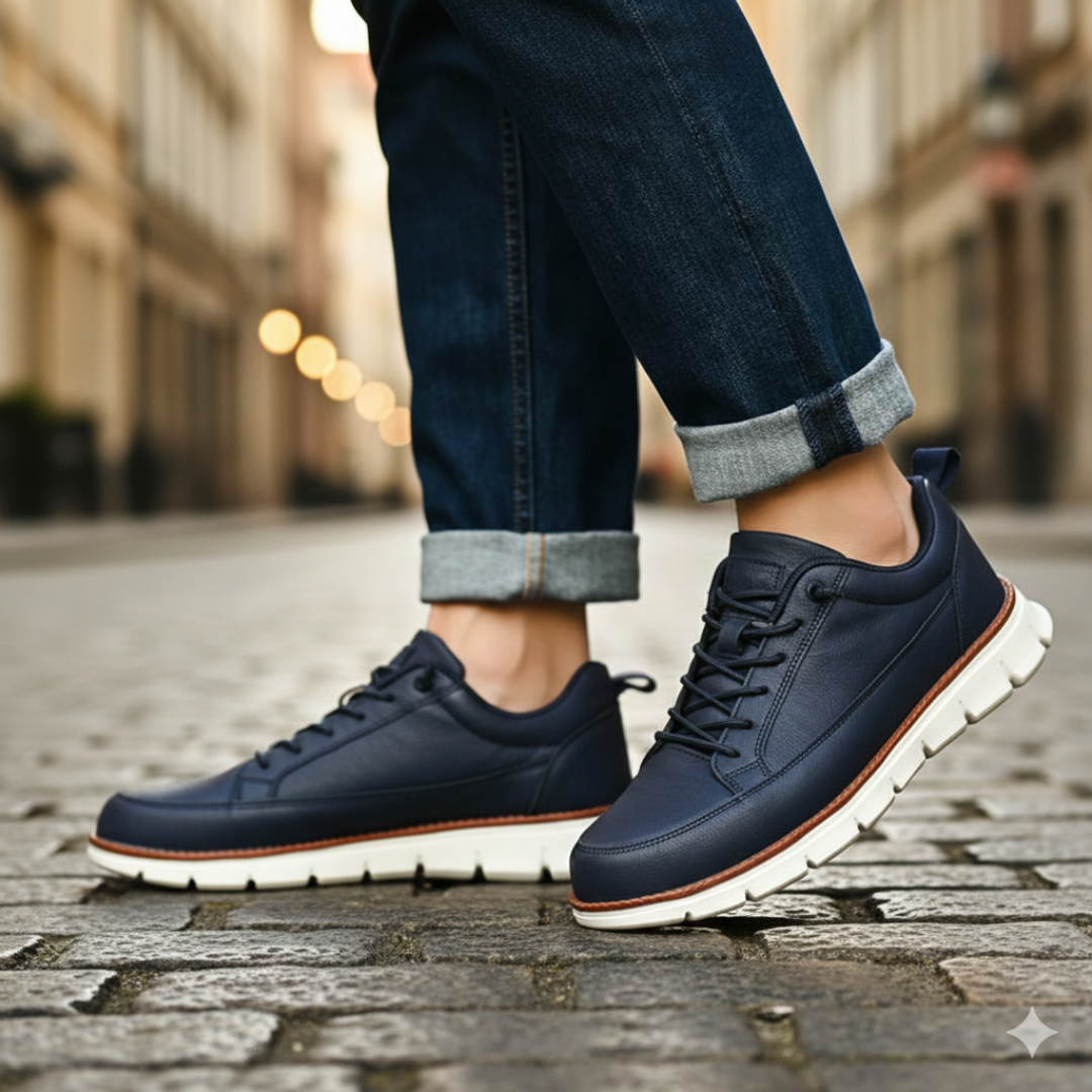 Men's navy leather sneakers with a lace-up design, cushioned sole, and rounded toe.