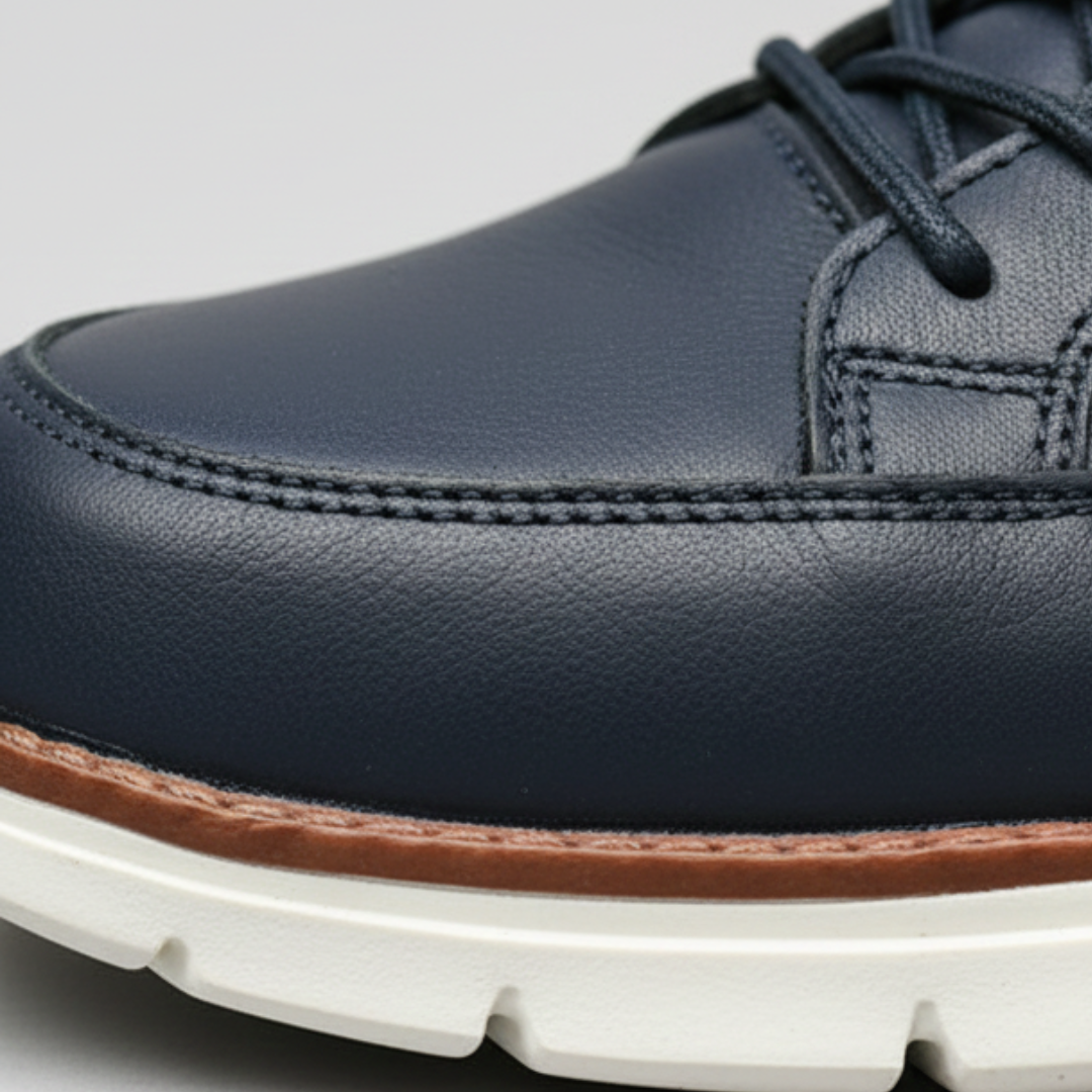 Men's navy leather sneakers with a lace-up design, cushioned sole, and rounded toe.