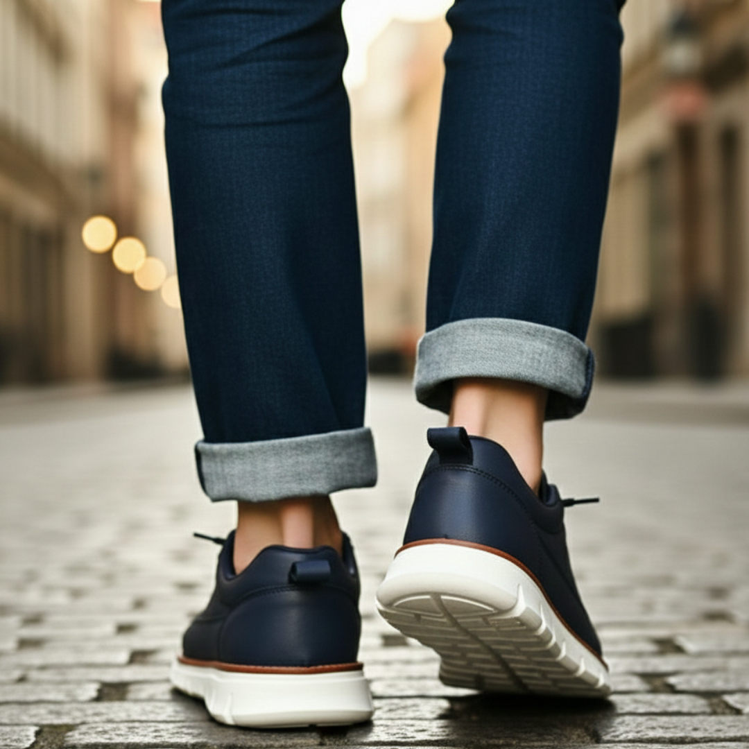 Men's navy leather sneakers with a lace-up design, cushioned sole, and rounded toe.
