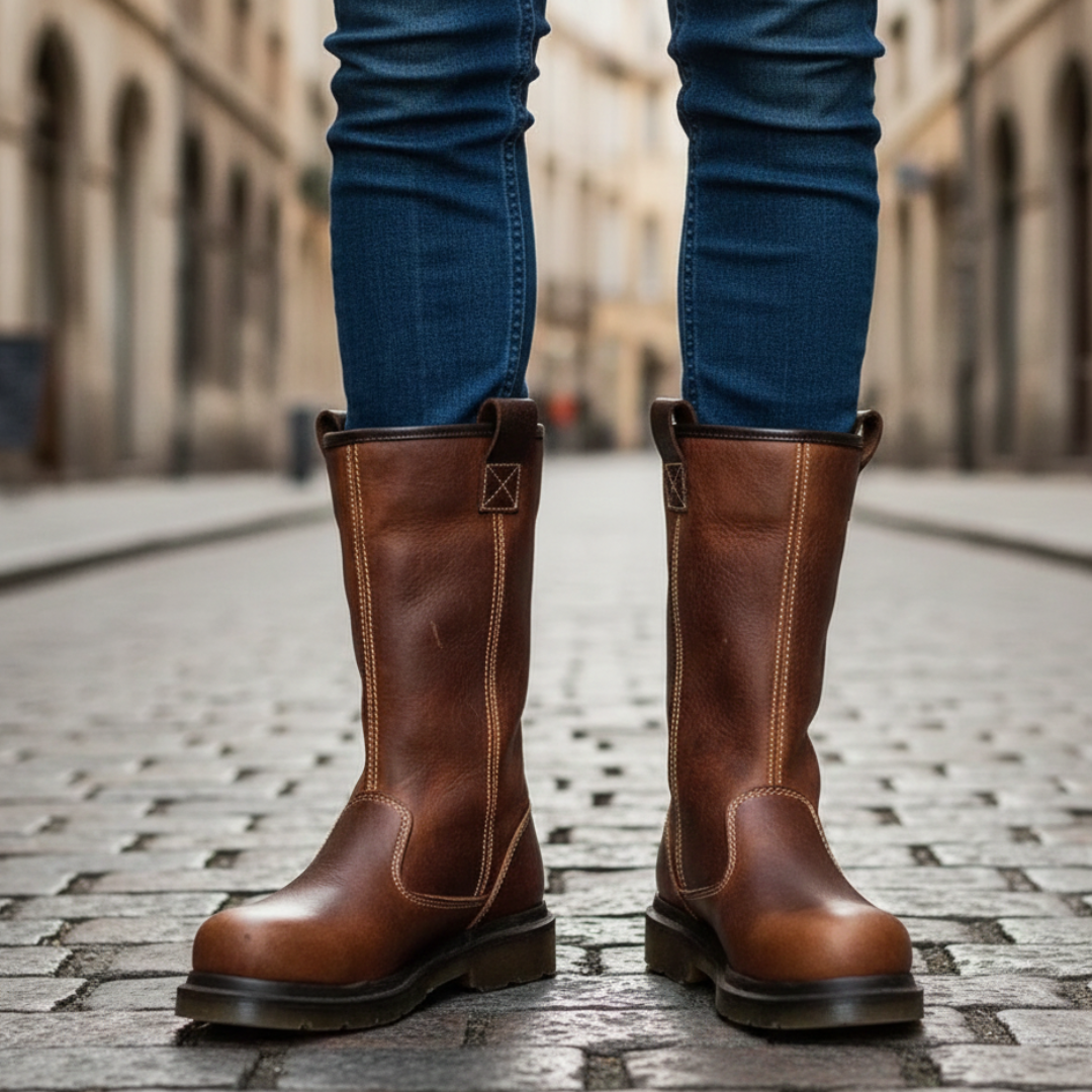 brown leather mid-calf boots, featuring a rounded toe and slip-on design, ideal for casual layered outfits.