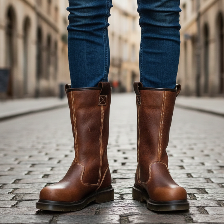 brown leather mid-calf boots, featuring a rounded toe and slip-on design, ideal for casual layered outfits.