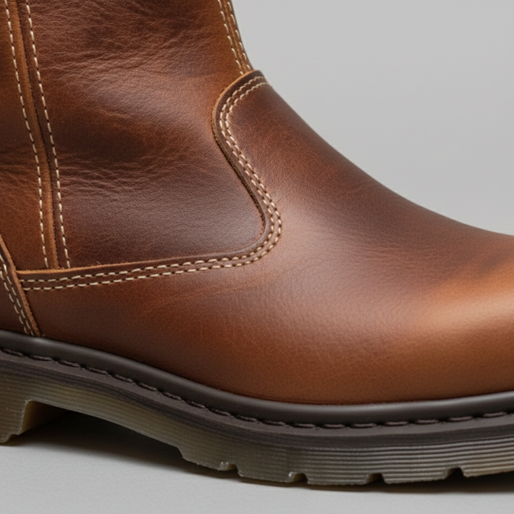 brown leather mid-calf boots, featuring a rounded toe and slip-on design, ideal for casual layered outfits.