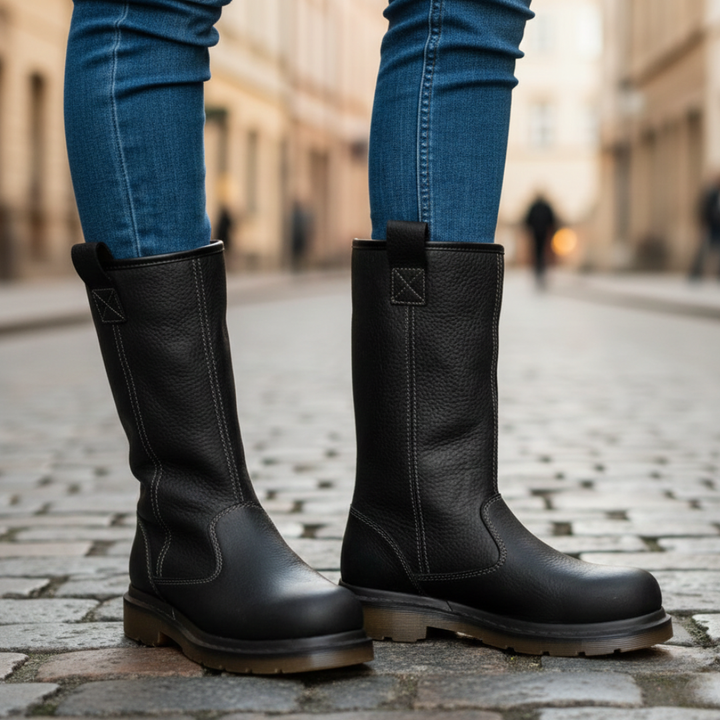 black leather mid-calf boots, featuring a rounded toe and slip-on design, ideal for casual layered outfits.