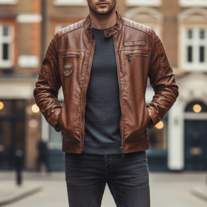 Men's brown faux leather moto jacket with zip front, structured collar, and streamlined chest pockets for a polished look.