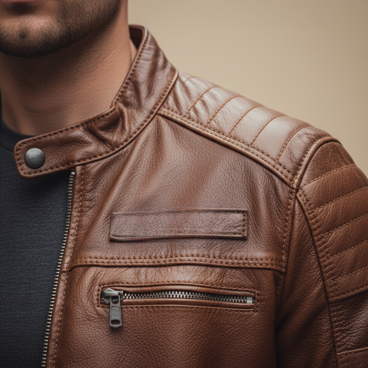 Close-up of a man in a brown leather jacket, showcasing a sleek zip-front design and structured collar for a polished look.