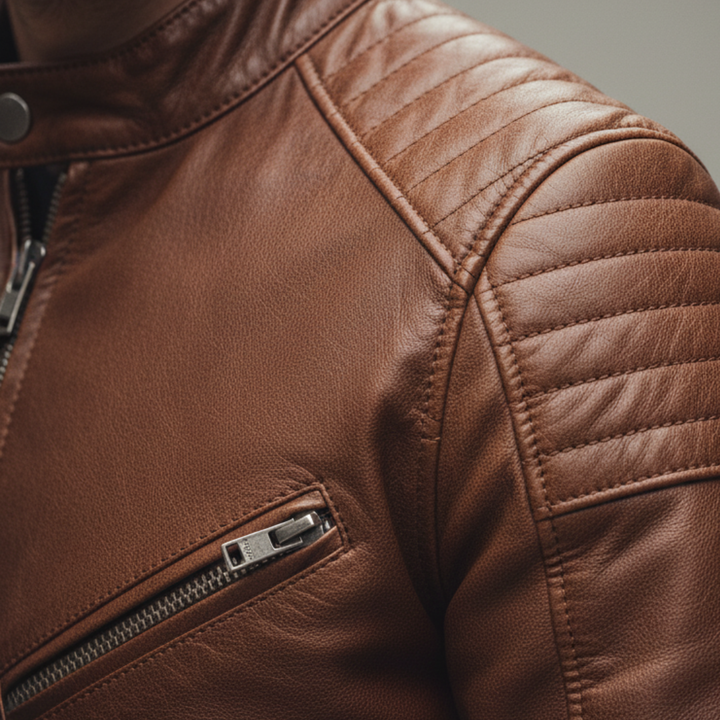 Close-up of a man in a brown leather jacket, showcasing a sleek zip-front design and structured collar for a polished look.