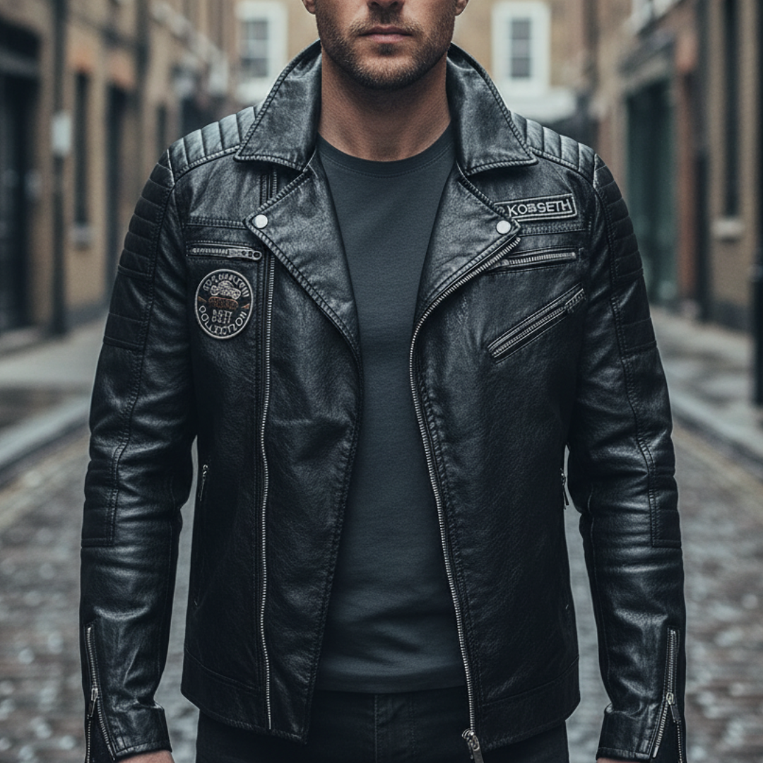 Men's black faux leather moto jacket with zip front, structured collar, and streamlined chest pockets for a polished look.