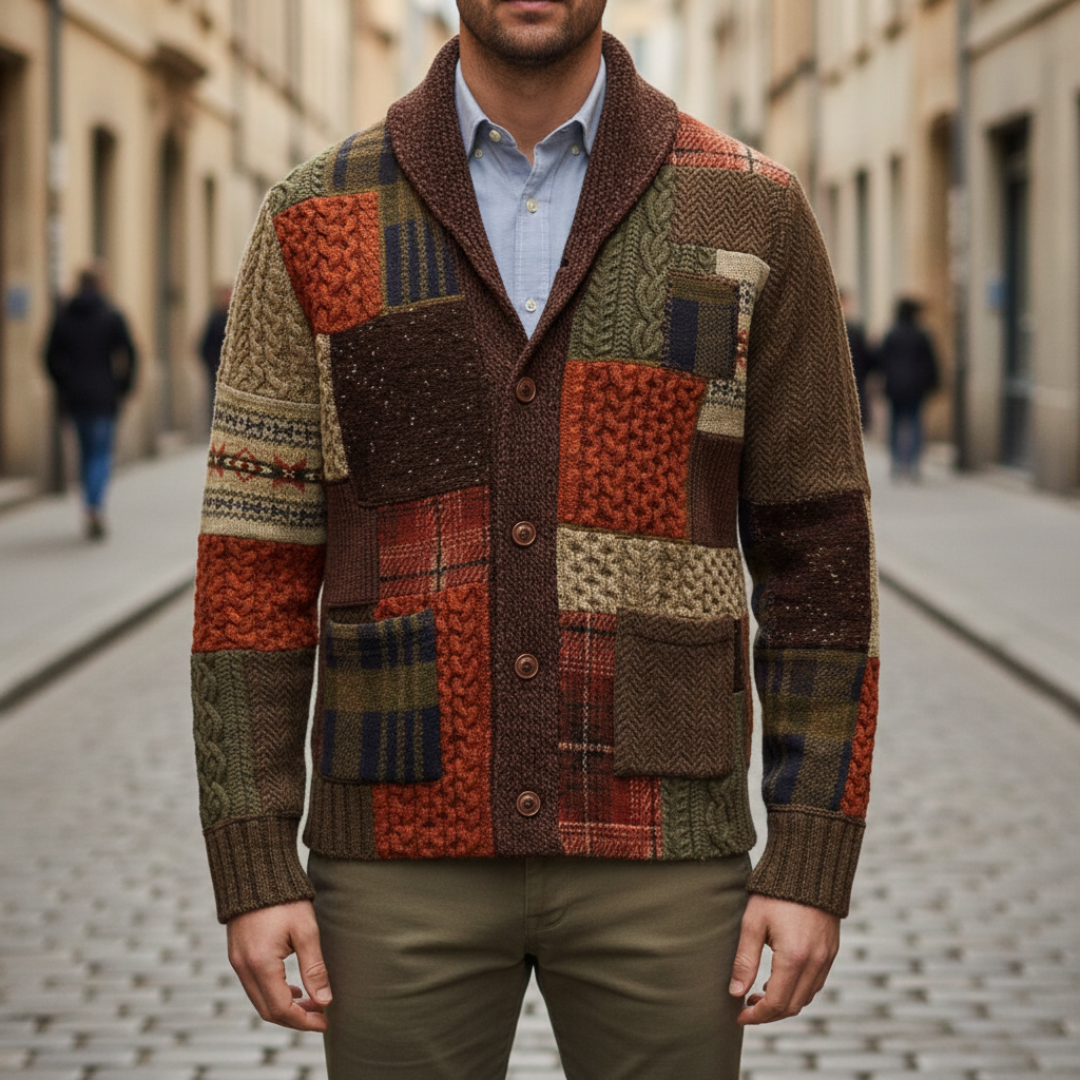 Patchwork Cardigan with long sleeves, a shawl collar, and a collage of warm, textured knits for a rustic look.