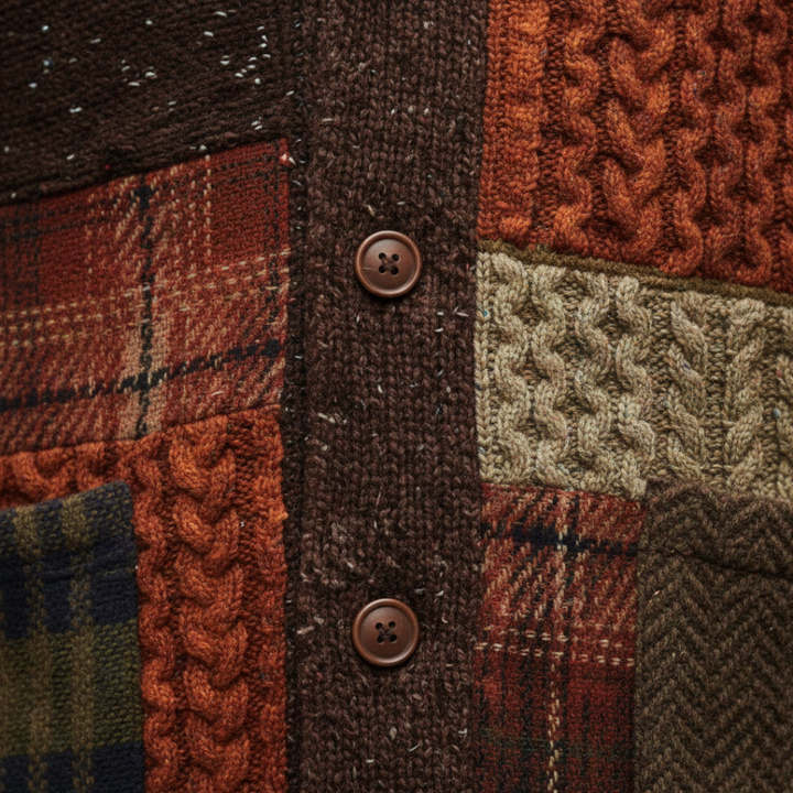 Patchwork Cardigan with long sleeves, a shawl collar, and a collage of warm, textured knits for a rustic look.