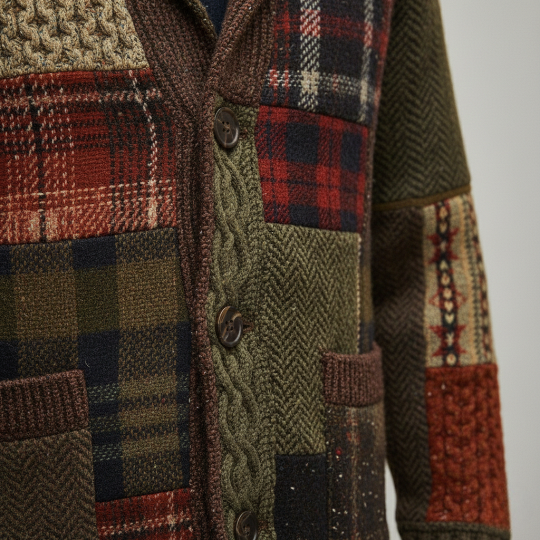 Rowan Patchwork Cardigan with long sleeves, a shawl collar, and a collage of warm, textured knits for a rustic look.