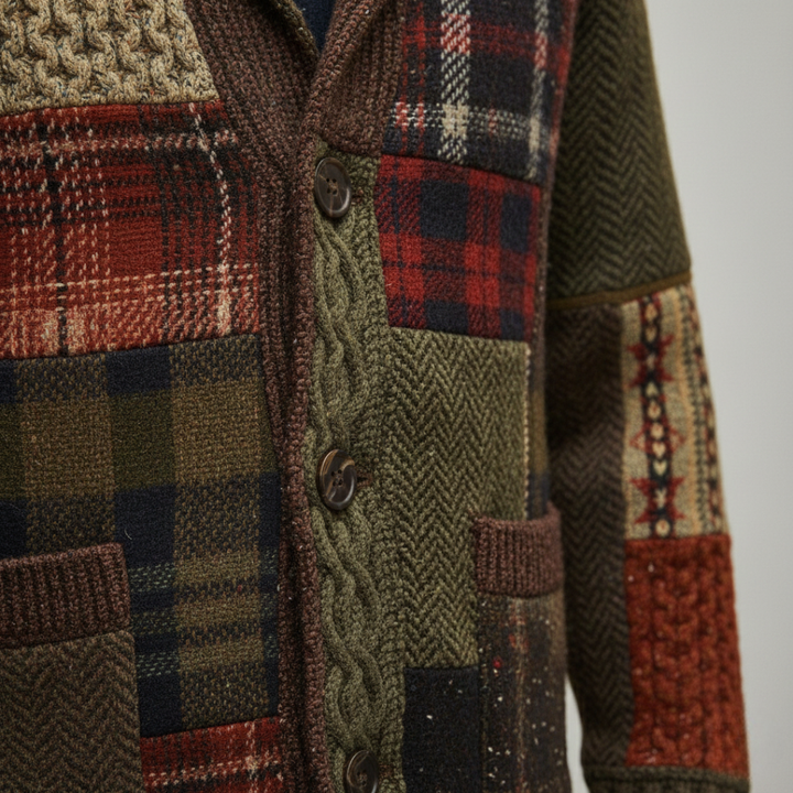 Rowan Patchwork Cardigan with long sleeves, a shawl collar, and a collage of warm, textured knits for a rustic look.