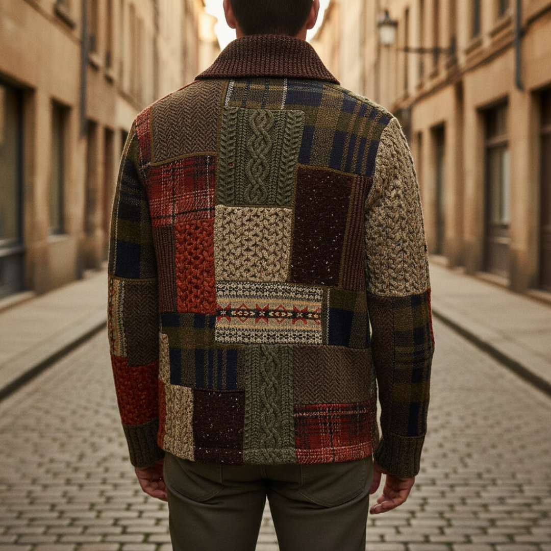 Rowan Patchwork Cardigan with long sleeves, a shawl collar, and a collage of warm, textured knits for a rustic look.