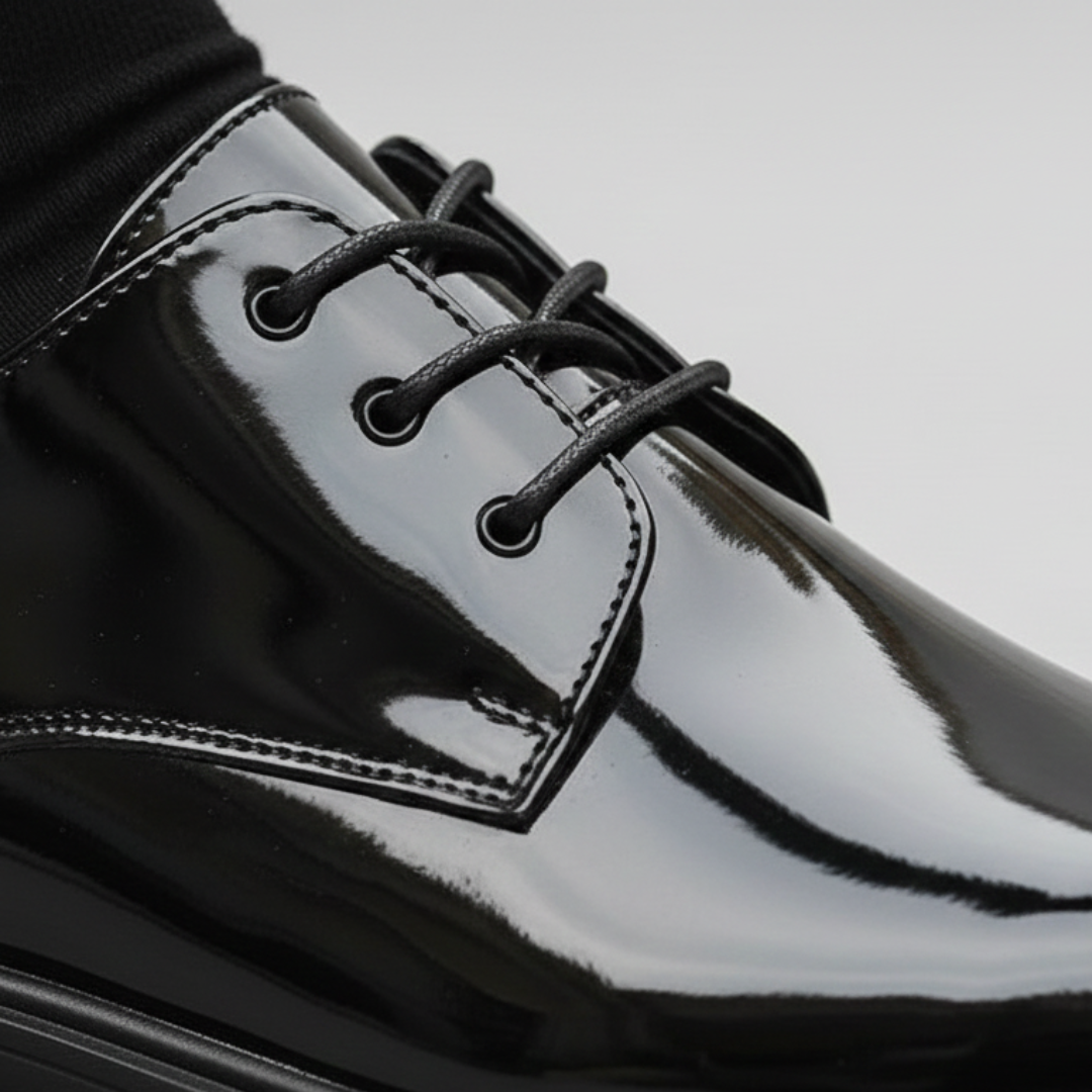 close up details of a black suit and polished black shoes, it shows elegance for formal occasions.