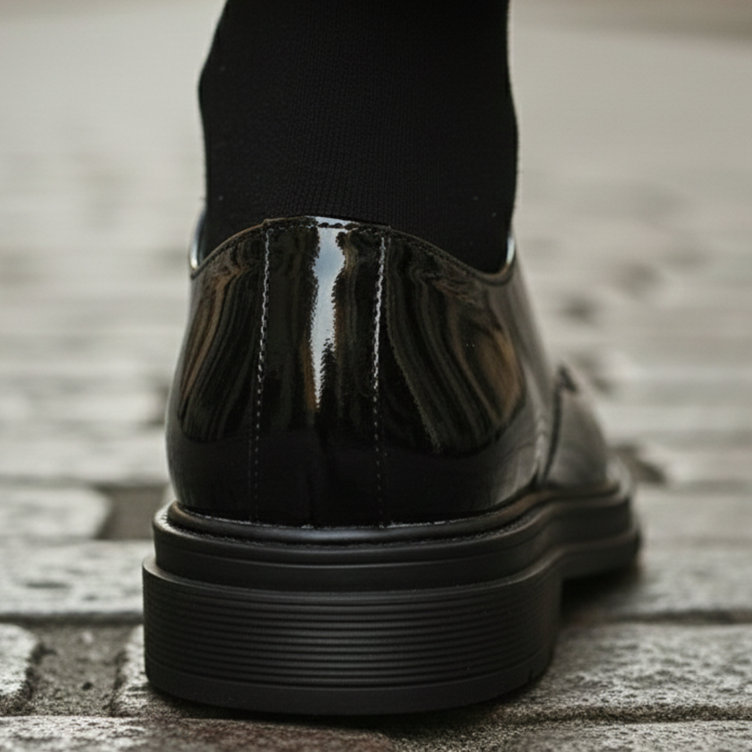 back details of a black suit and polished black shoes, it shows elegance for formal occasions.