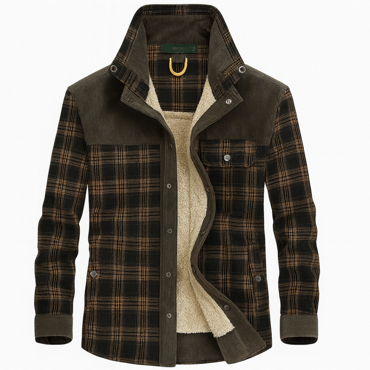 Brown and black plaid men's jacket with a sherpa lining, button-front design, and corduroy accents for fall and winter wear.