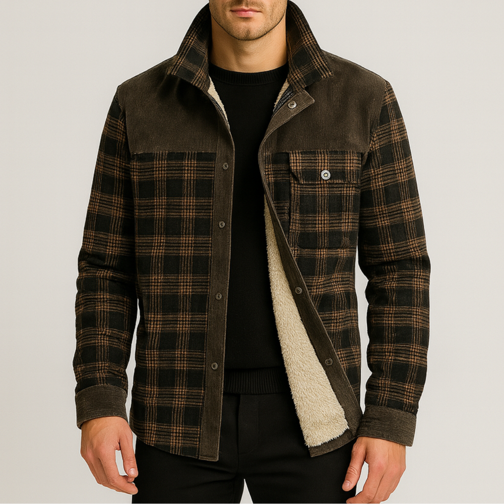 Brown and black plaid men's jacket with a sherpa lining, button-front design, and corduroy accents for fall and winter wear.
