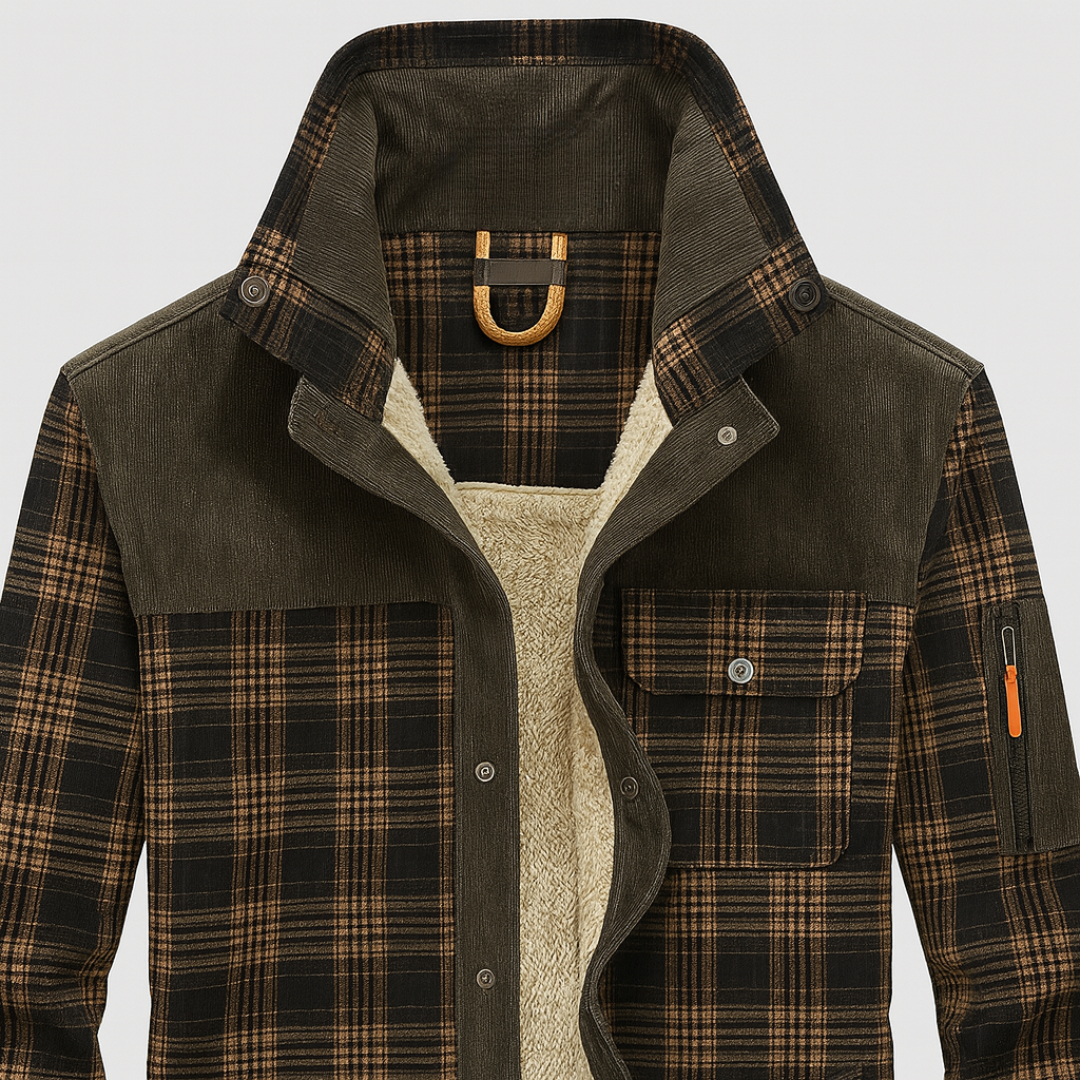 Brown and black plaid men's jacket with a sherpa lining, button-front design, and corduroy accents for fall and winter wear.