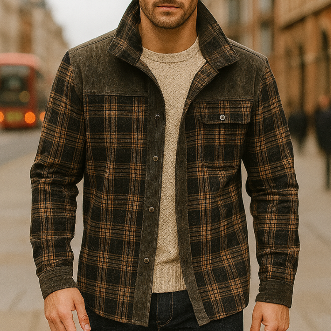 Brown and black plaid men's jacket with a sherpa lining, button-front design, and corduroy accents for fall and winter wear.