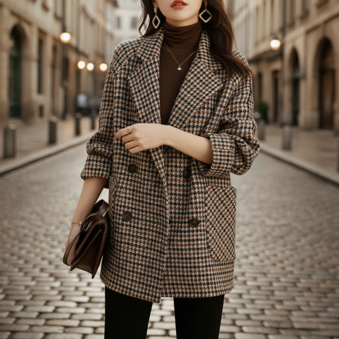 A woman in a checkered blazer and black pants, showcasing a polished, city-ready look for fall and spring.