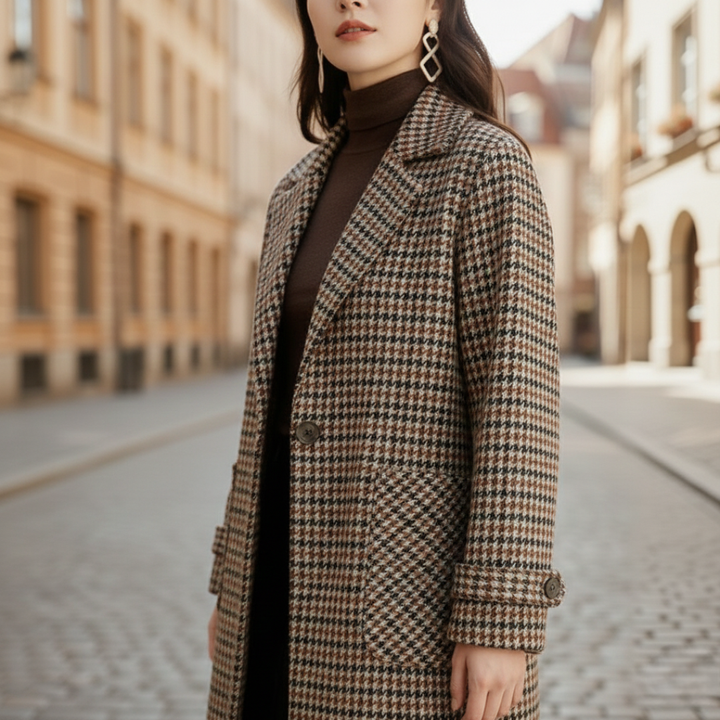 A woman in a checkered blazer and black pants, showcasing a polished, city-ready look for fall and spring.