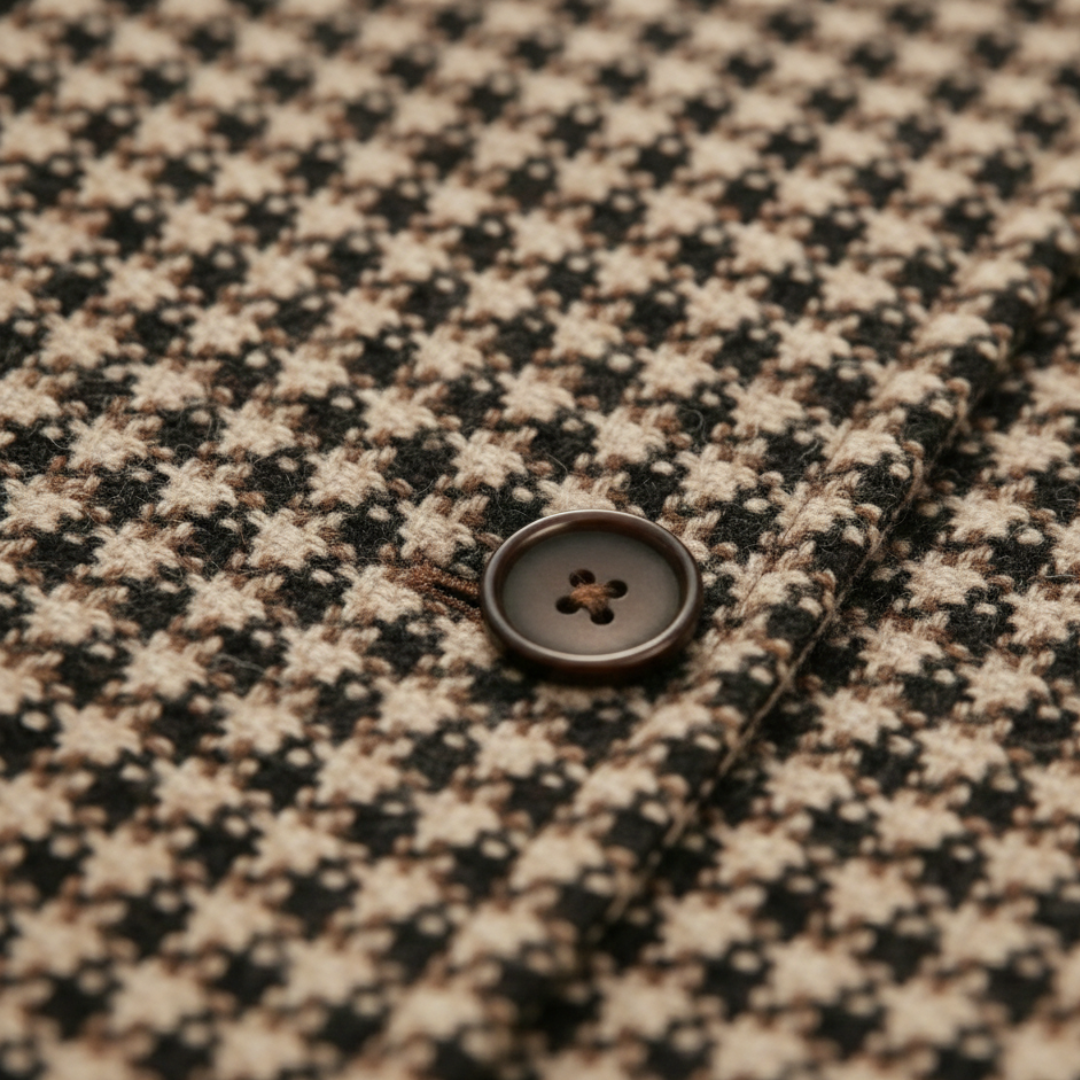 A woman in a checkered blazer and black pants, showcasing a polished, city-ready look for fall and spring.