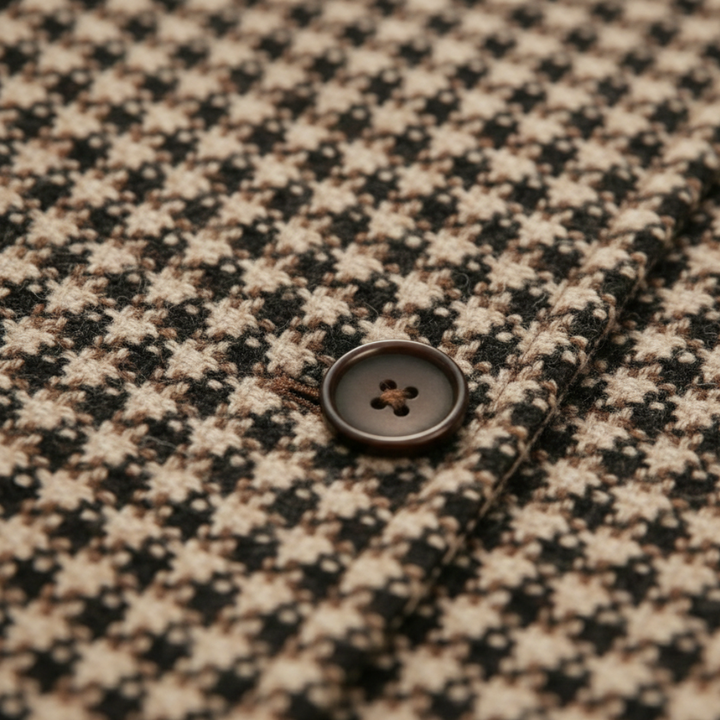 A woman in a checkered blazer and black pants, showcasing a polished, city-ready look for fall and spring.