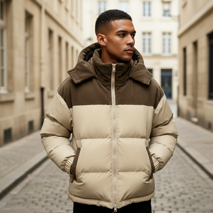 Beige and brown puffer jacket with a hood, featuring a zip front.