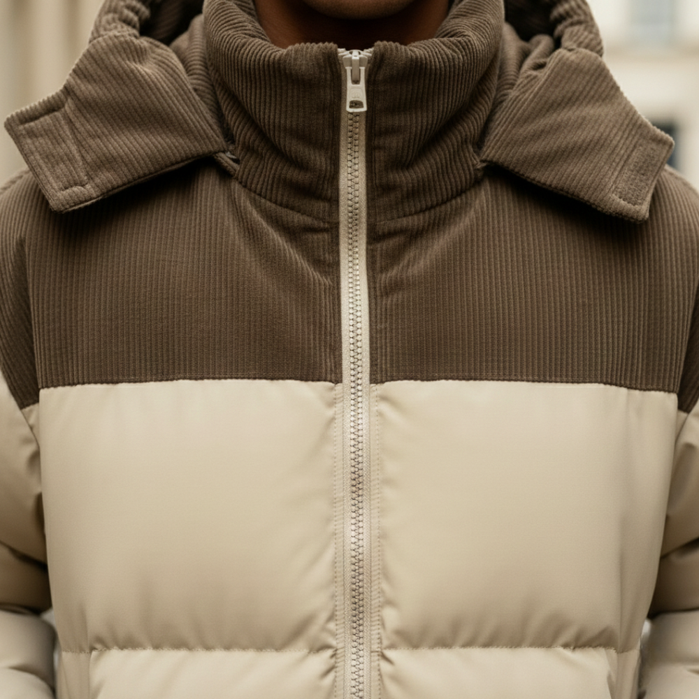 Beige and brown puffer jacket with a hood, featuring a zip front.