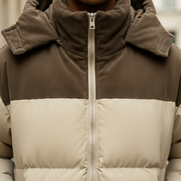Beige and brown puffer jacket with a hood, featuring a zip front.