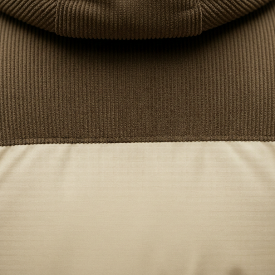 Beige and brown puffer jacket with a hood, featuring a zip front.