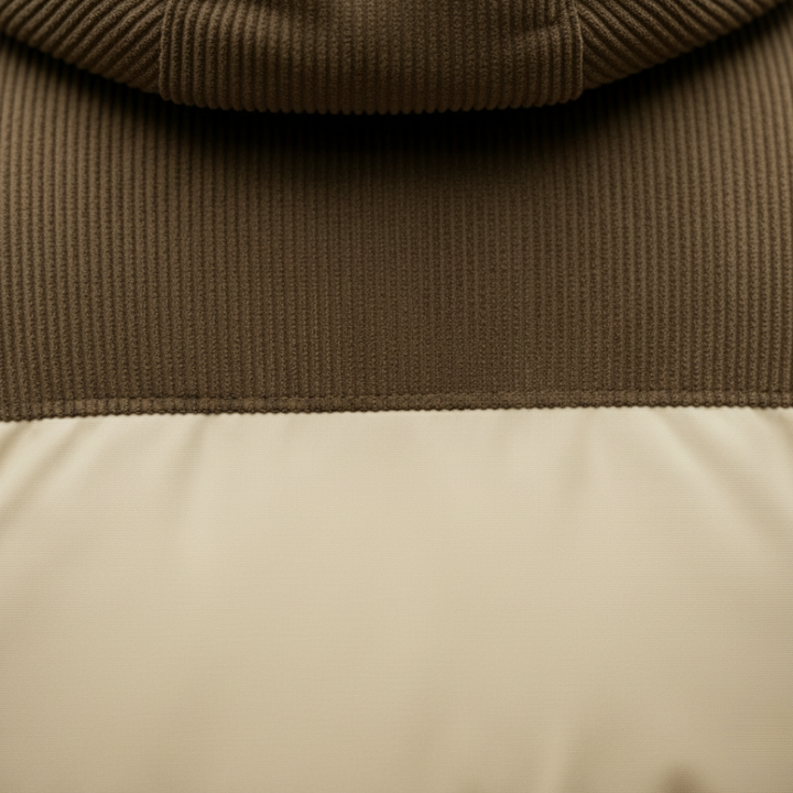 Beige and brown puffer jacket with a hood, featuring a zip front.