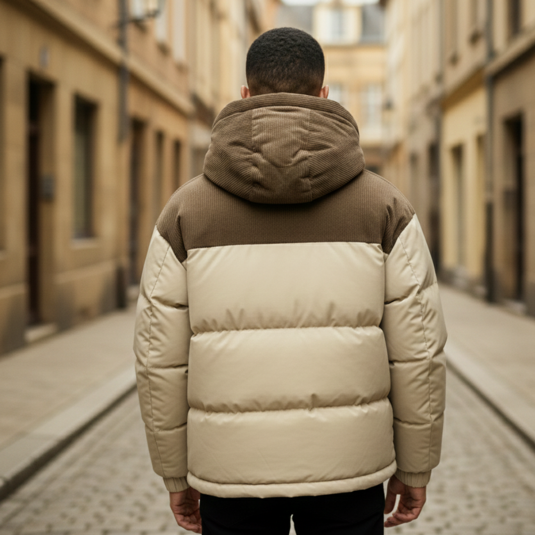 Beige and brown puffer jacket with a hood, featuring a zip front.