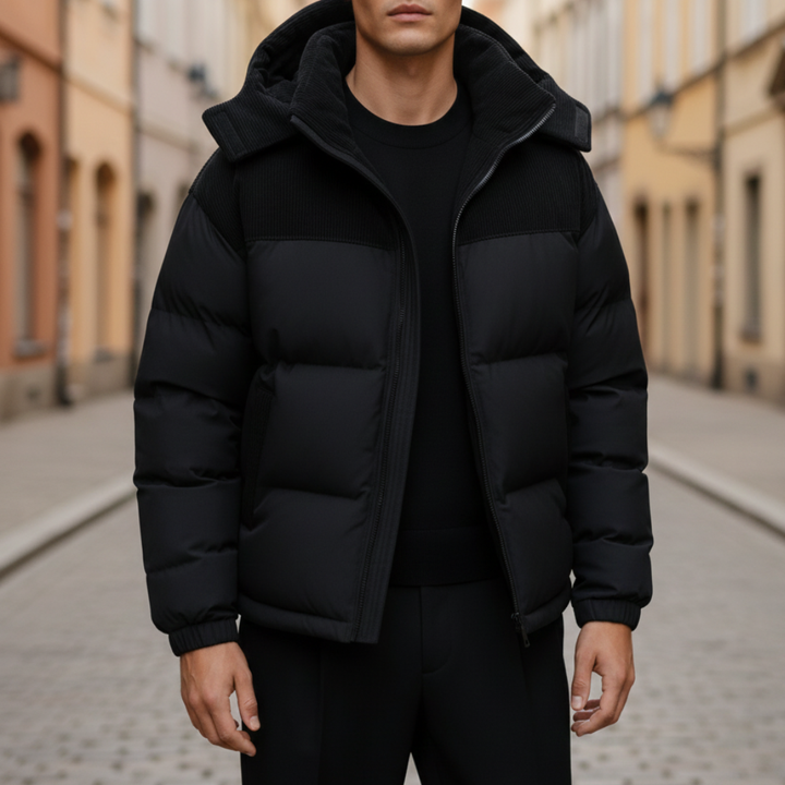 Black puffer jacket with a hood, featuring a zip front.