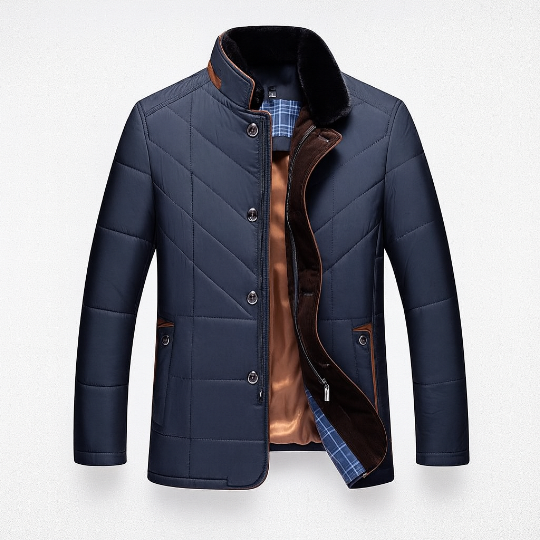  Blue men's jacket with a brown stand-up collar, featuring diamond stitching and a plush inner lining for warmth and comfort.