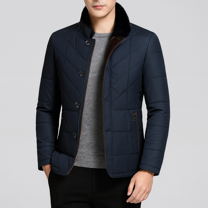  Blue men's jacket with a brown stand-up collar, featuring diamond stitching and a plush inner lining for warmth and comfort.