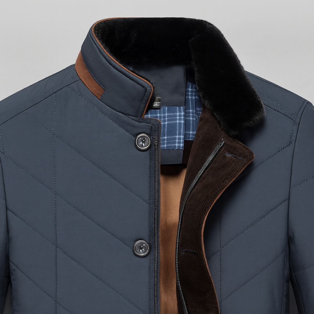  Blue men's jacket with a brown stand-up collar, featuring diamond stitching and a plush inner lining for warmth and comfort.