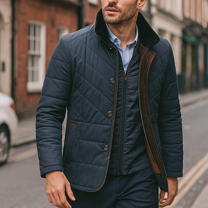  Blue men's jacket with a brown stand-up collar, featuring diamond stitching and a plush inner lining for warmth and comfort.