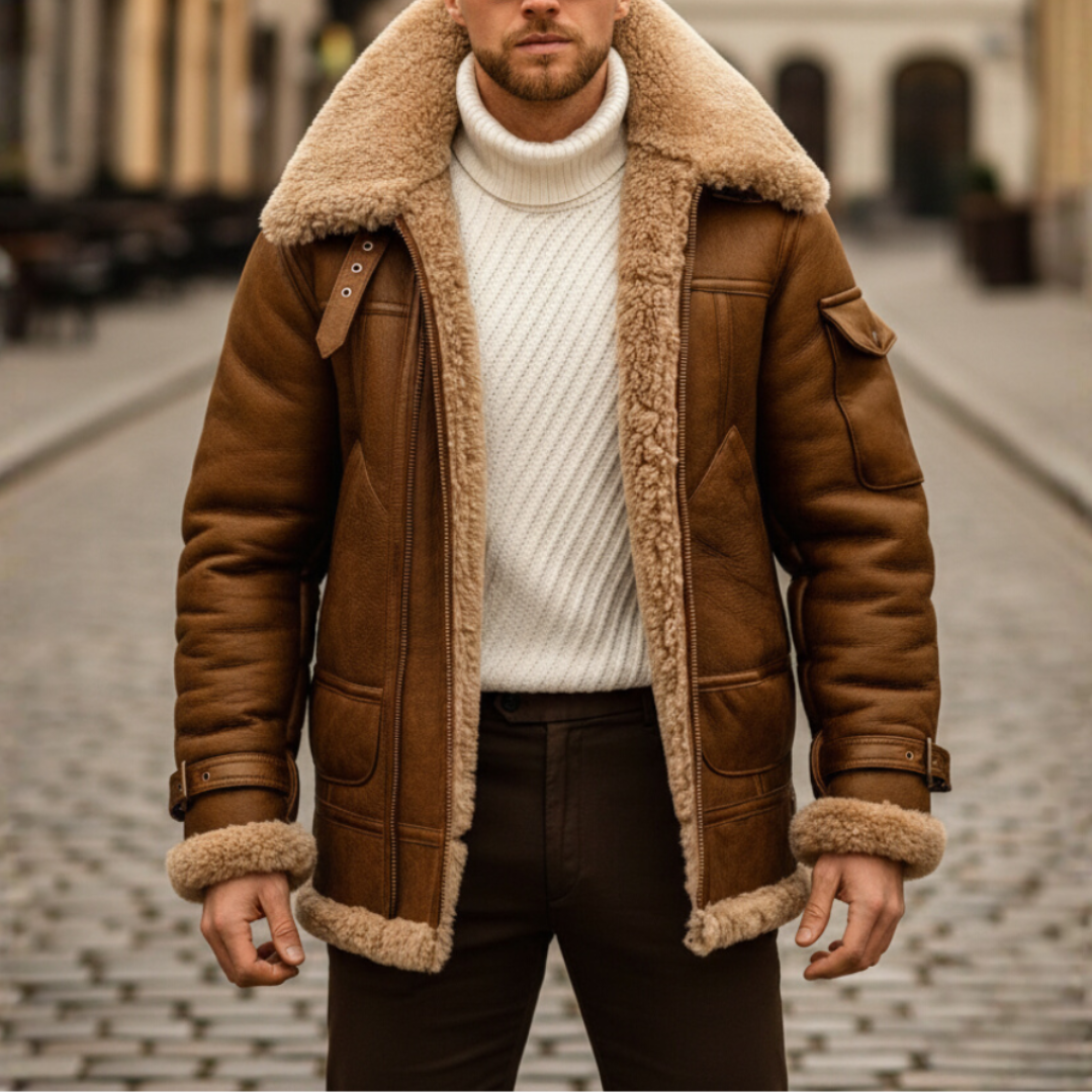 A man in a stylish brown shearling jacket, designed for warmth with a structured fit and long sleeves for winter wear.