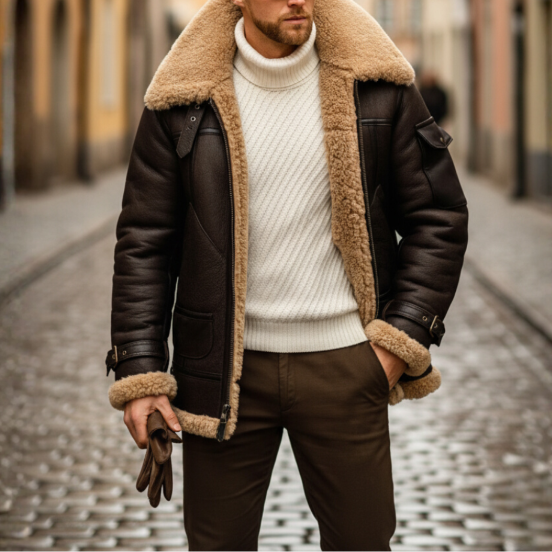 A man in a dark brown shearling jacket, designed for warmth with a structured fit and long sleeves for winter wear.
