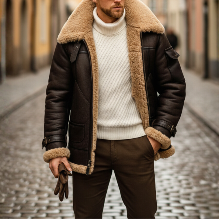A man in a dark brown shearling jacket, designed for warmth with a structured fit and long sleeves for winter wear.