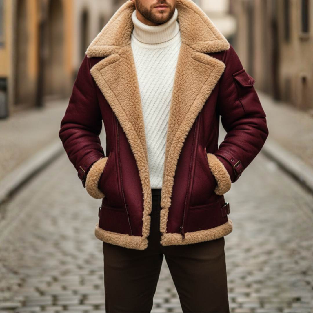 A man in a stylish red shearling jacket, designed for warmth with a structured fit and long sleeves for winter wear.